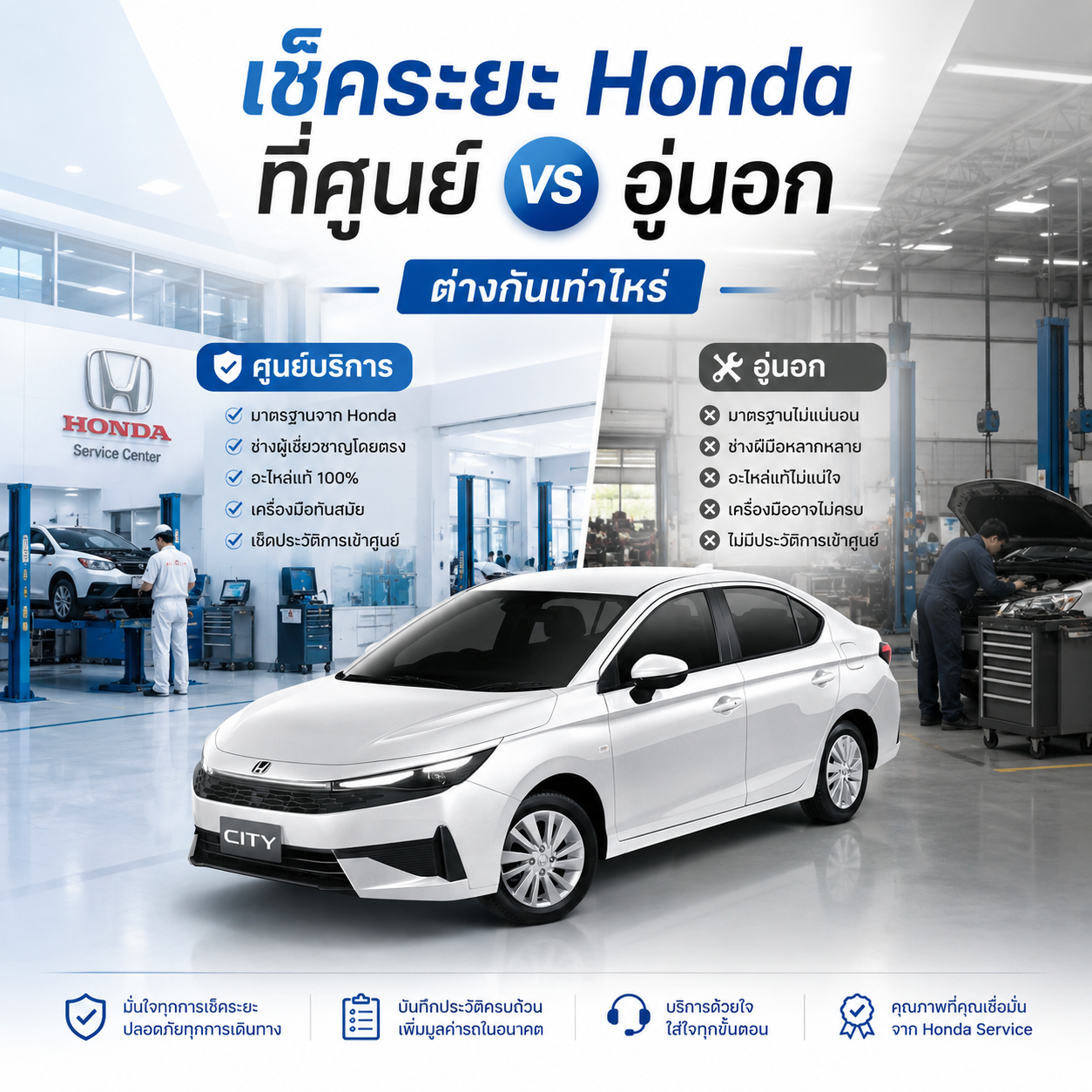 เปรียบเทียบการเช็คระยะ Honda ที่ศูนย์บริการกับอู่นอก พร้อมรถ Honda City สีขาว
